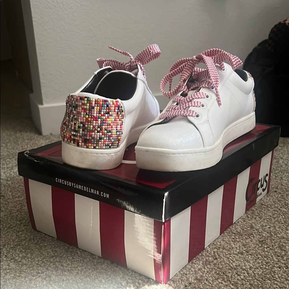 Circus by Sam Edelman White and Red Sneakers with Glitter Accents